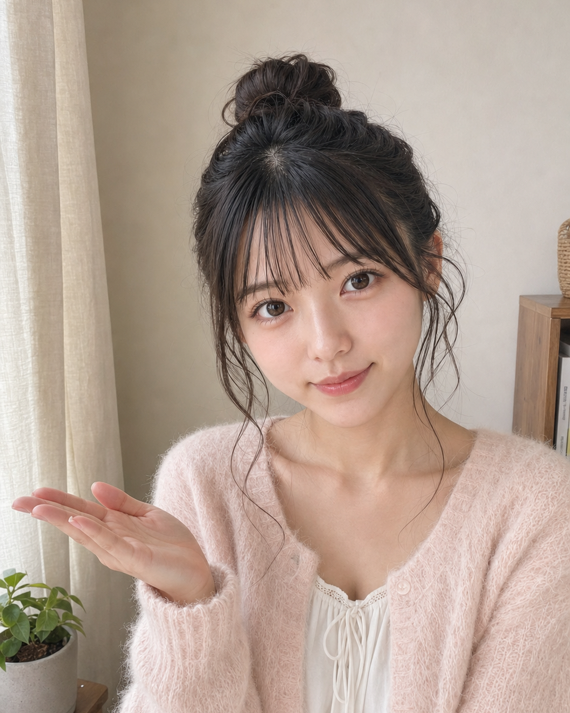 手のひらを開いて明るく案内するNightChoice編集ナビゲーター・月島ひより