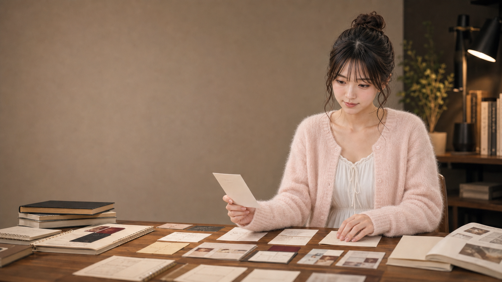 机上の資料カードを並べて作品形式を分類する月島ひより